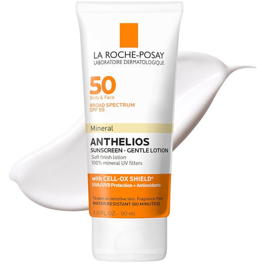La Roche-Posay Anthelios Mineral Sunscreen Gentle Lotion Broad Spectrum SPF 50, Face and Body Sunscreen with Zinc Oxide and Titanium Dioxide, Oxybenzone & Octinoxate Free, Oil-Free