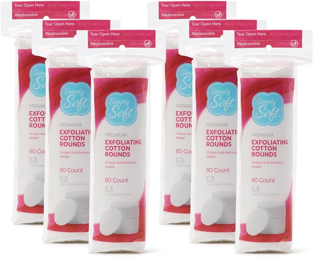 Medline Simply Soft Hypoallergenic Exfoliating Dual Textured Cotton Rounds Pads, 80 Count (Pack of 6)