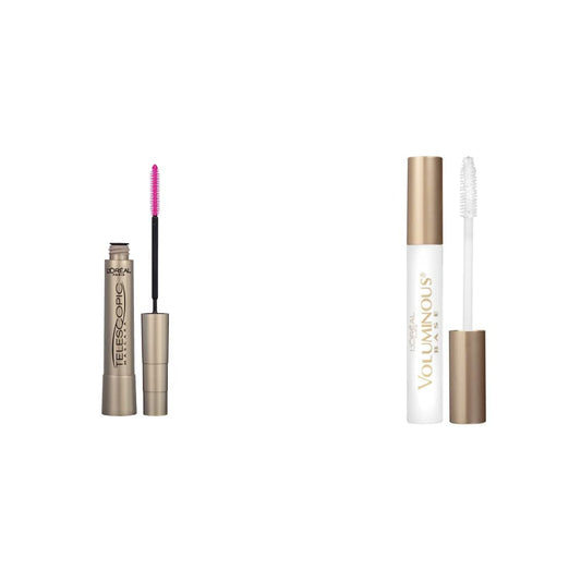 L'Oreal Paris Makeup Telescopic Original Lengthening Mascara, Blackest Black, 0.27 Fl Oz & L'Oreal Paris Makeup Voluminous Lash Boosting Conditioning Primer Mascara, White Primer, 0.24 fl; oz.