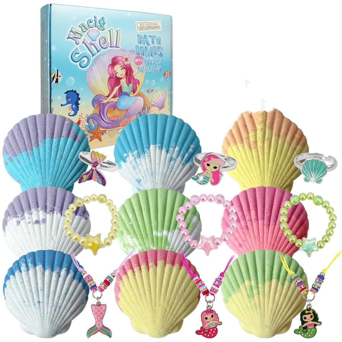 Magic Shell Bath Bomb Gift Set for Kids, 9 Pack Bath Bombs with Little Mermaid for Girls, Organic Bath Bombs with Surprise Inside.