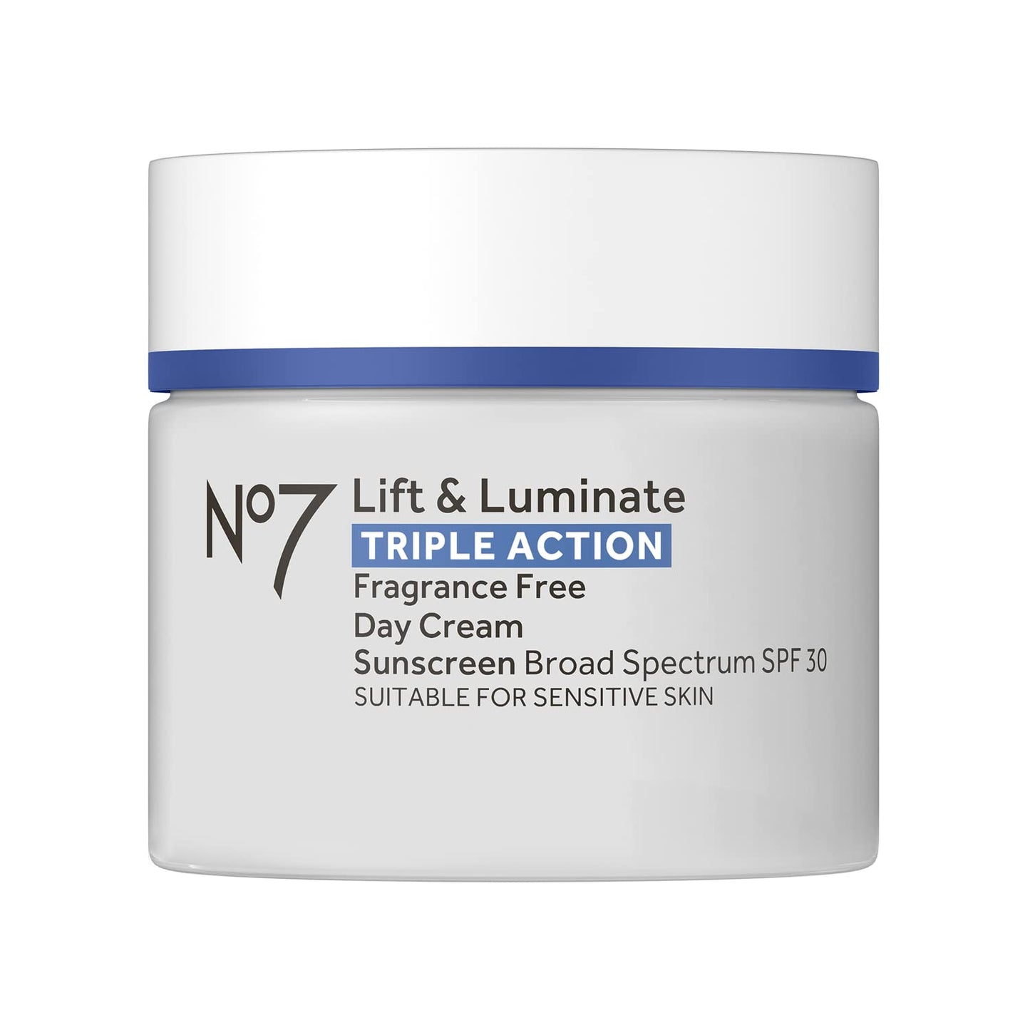No7 Lift & Luminate Triple Action Fragrance Free Day Cream SPF 30 - Broad Spectrum Anti Aging Face Cream - Hydrating Hibiscus Peptides & Hyaluronic Acid + Brightening Emblica & Vitamin C (50ml)