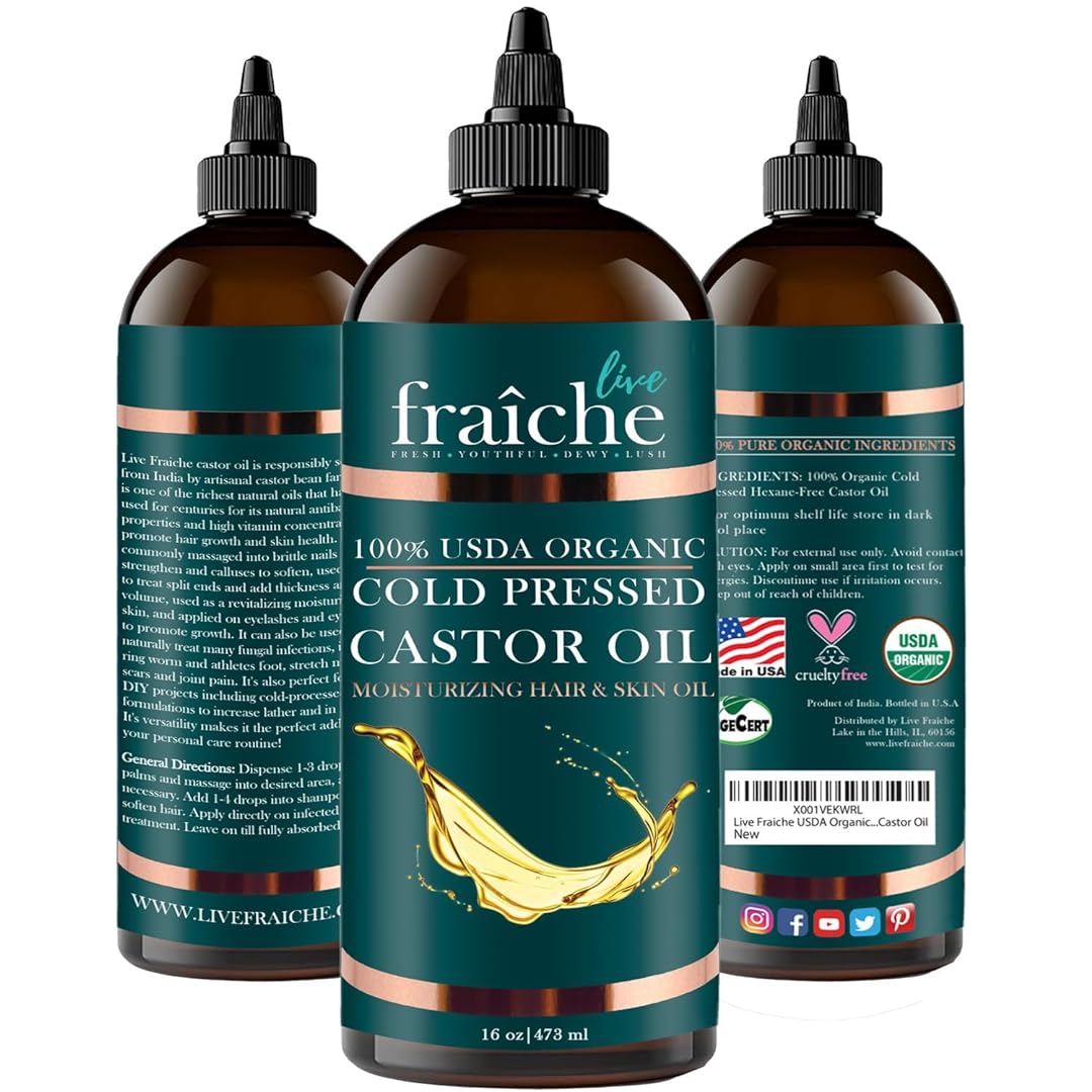 Live Fraiche USDA Organic Cold Pressed Castor Oil (16oz), 100% Pure, Hexane-Free Castor Oil - Moisturizing & Healing, For Dry Skin, Hair Growth - For Skin, Hair Care, Eyelashes - Caster Oil