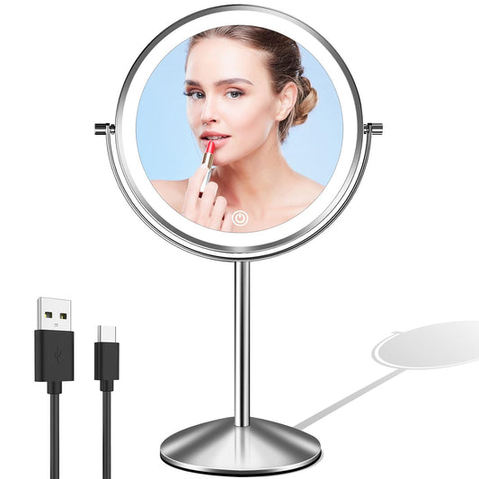 LOVESPEJO Lighted Makeup Mirror with Magnification, 8" Rechargeable Magnifying Mirror with Light, 1x/10x 360¡Rotation Touchscreen Make up Mirror, 3 Colors Brightness Adjustable Vanity Mirror, Chrome