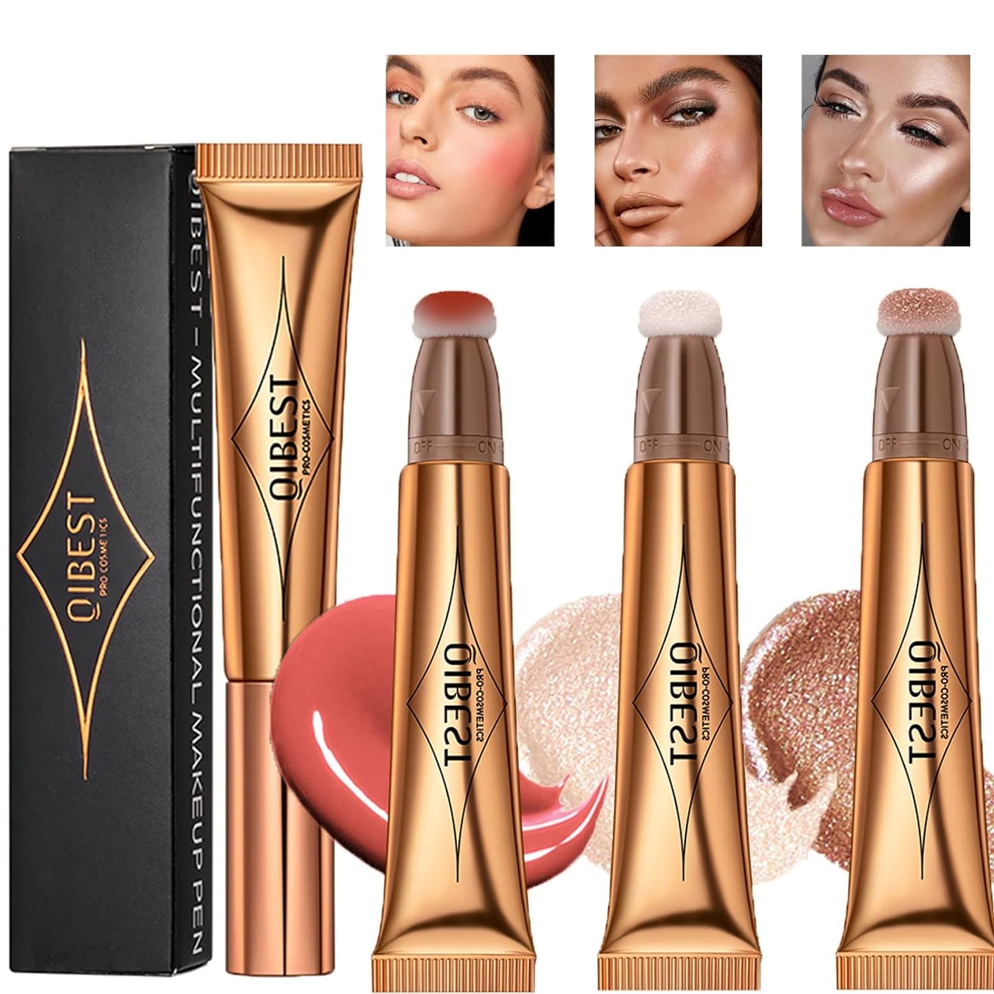 Gireatick 3pcs Liquid Beauty Wand Makeup, Matte Liquid Cheek Blusher, Liquid Contour Beauty Wand Highlighter and Bronzer Stick with Cushion Applicator, for Natural Shimmer Smooth Silky Cream Makeup