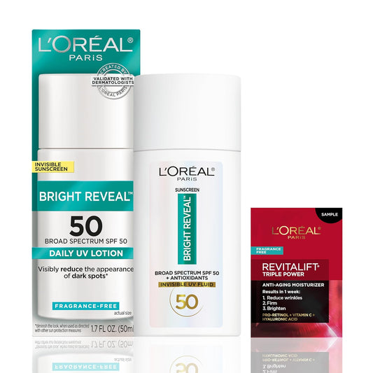 LÕOrŽal Paris Bright Reveal Broad Spectrum Daily SPF 50 Face Sunscreen UV Lotion, 1.7 fl oz + Moisturizer Sample