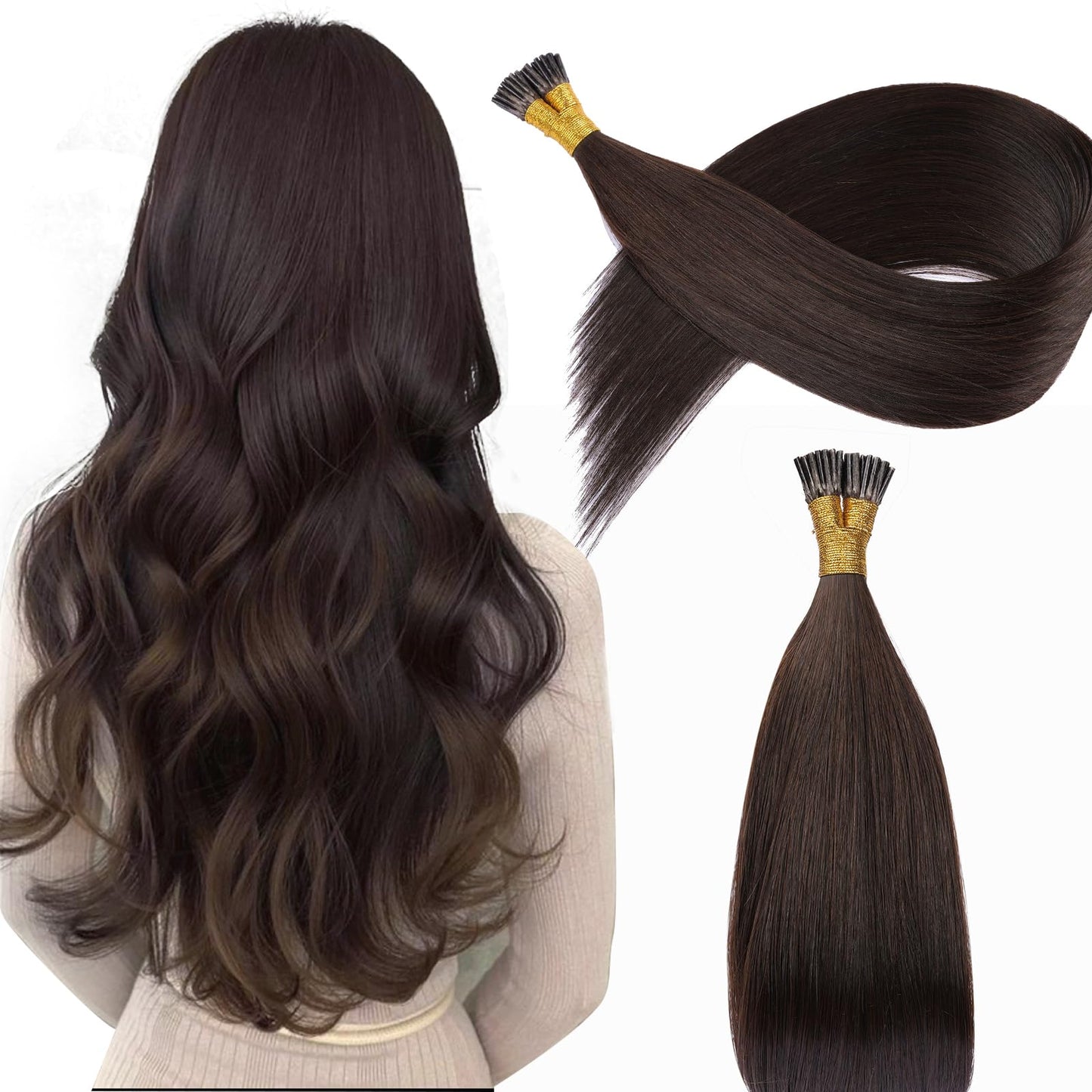 KiiKiiGirl Virgin Remy I Tip Hair Extensions - Human Hair #2 Dark Brown Real Itip Human Hair Extensions 18Inch Natural Black to Silver I Tips Human Hair Extensions Invisible 50G/Pack