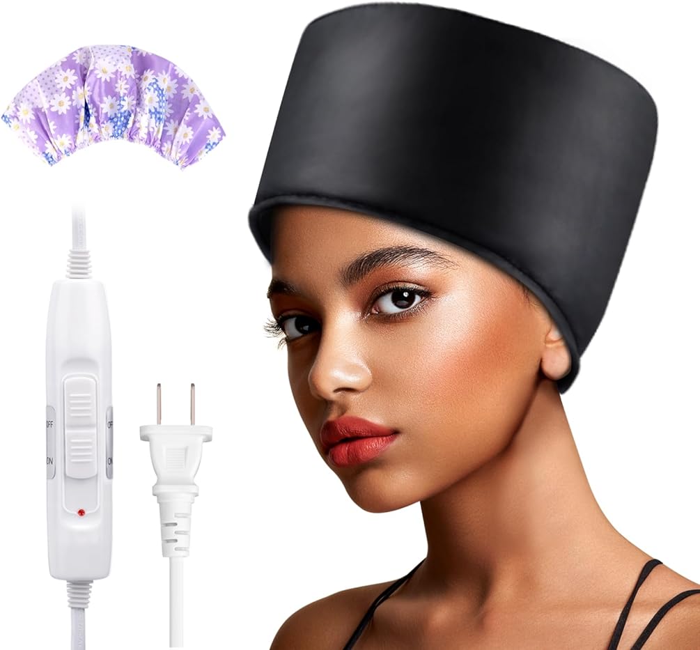 Heated Electric Thermal Steamer Cap for Natural Black Afro Hair - Hot Spa Treatment Hat with Temperature Control for Deep Conditioning at Home - Black