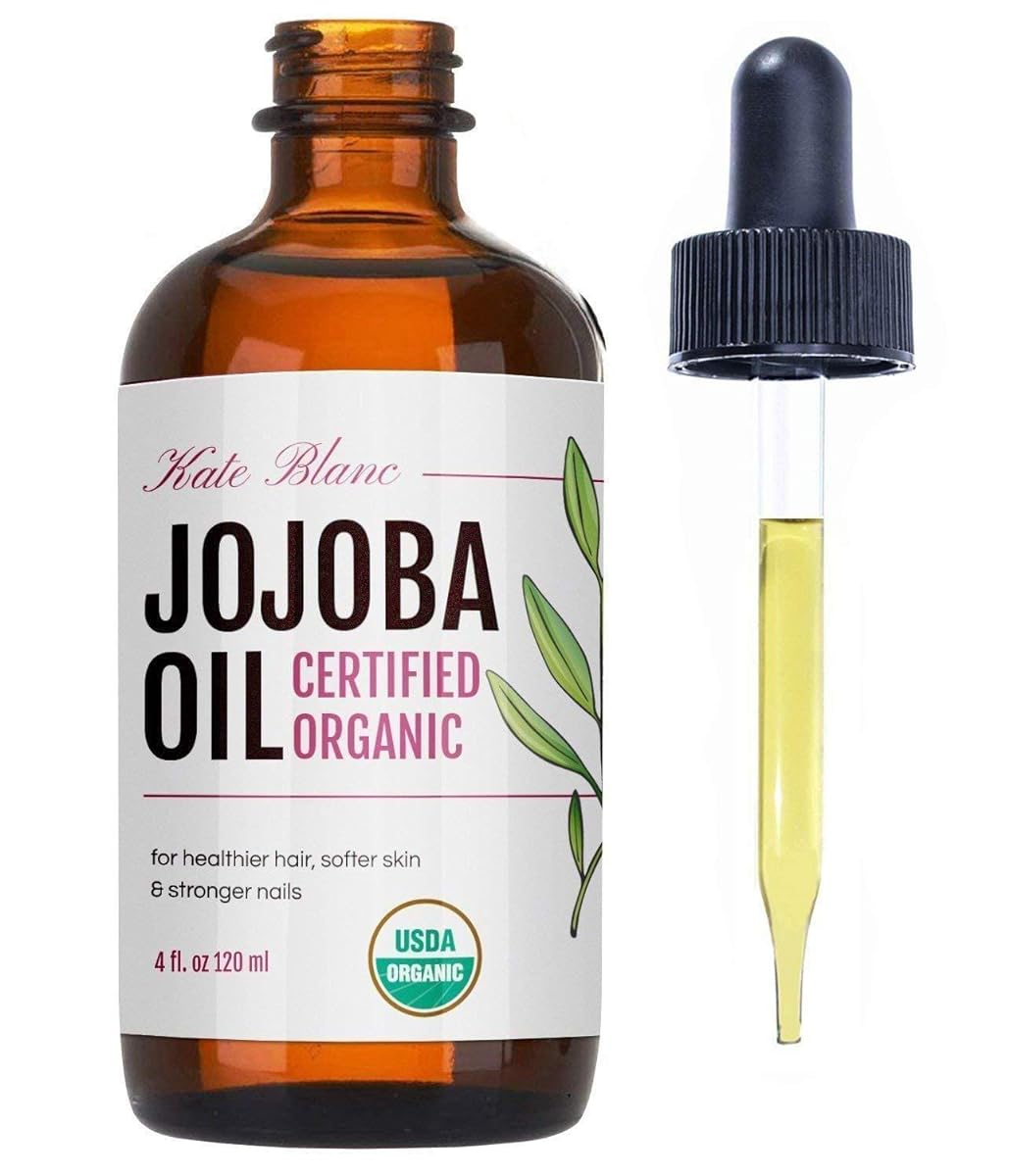 Kate Blanc Cosmetics Jojoba Oil for Skin, Face & Hair Growth (4oz) Golden Organic Facial Oil for Gua Sha Massage. 100% Pure, Natural Carrier Oil to Moisturize Cuticle & Skin