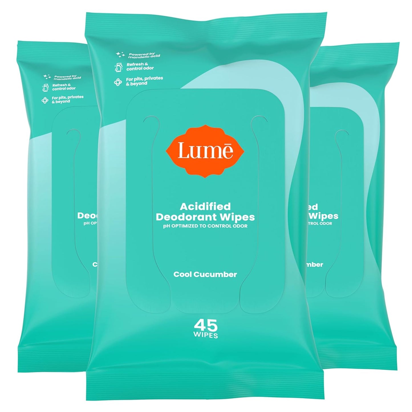Lume Acidified Deodorant Wipes - 24 Hour Odor Control - Aluminum Free, Baking Soda Free, Skin Safe - 45 Count (Pack of 3) (Cool Cucumber)