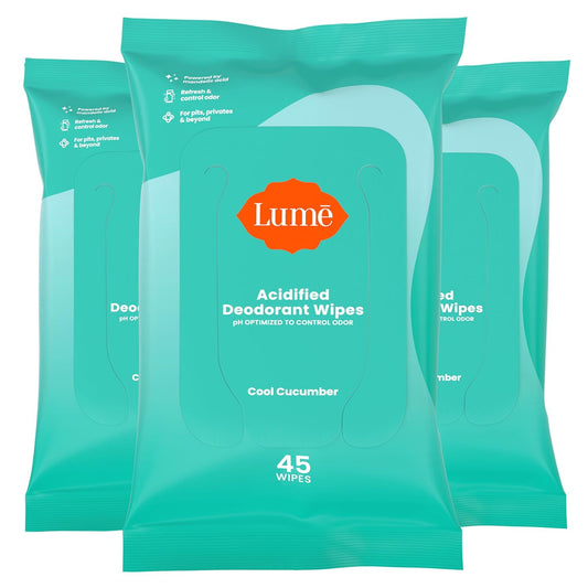 Lume Acidified Deodorant Wipes - 24 Hour Odor Control - Aluminum Free, Baking Soda Free, Skin Safe - 45 Count (Pack of 3) (Cool Cucumber)