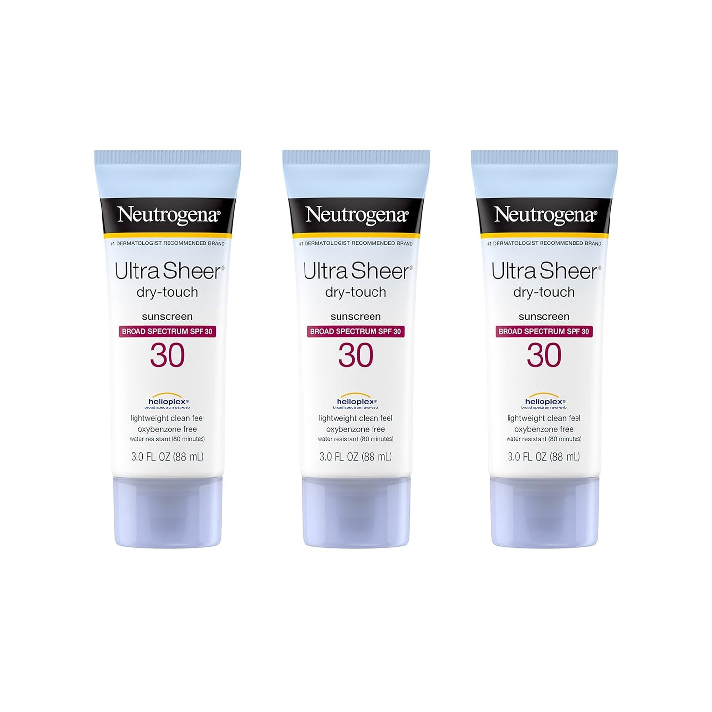 Neutrogena Ultra Sheer Dry-Touch Sunscreen Lotion, Broad Spectrum SPF 30 UVA/UVB Protection, Oxybenzone-Free, Water Resistant, Non-Comedogenic, Non-Greasy, Travel Size, 3 Fl Oz, Pack of 3