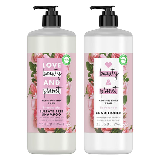 Love Beauty and Planet Blooming Color Sulfate-Free Shampoo and Conditioner for Color Treated Hair Murumuru Butter & Rose 2 Count Vegan, Paraben-Free, Silicone-Free, Cruelty-Free 32 oz