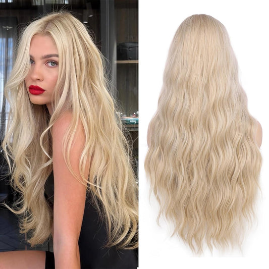 Lady Miranda Long Platinum Blonde Wig 28 Inch Natural Wavy Blonde Wig Middle Part Blonde Lace Wig Synthetic Hair Blonde Wigs for White Women