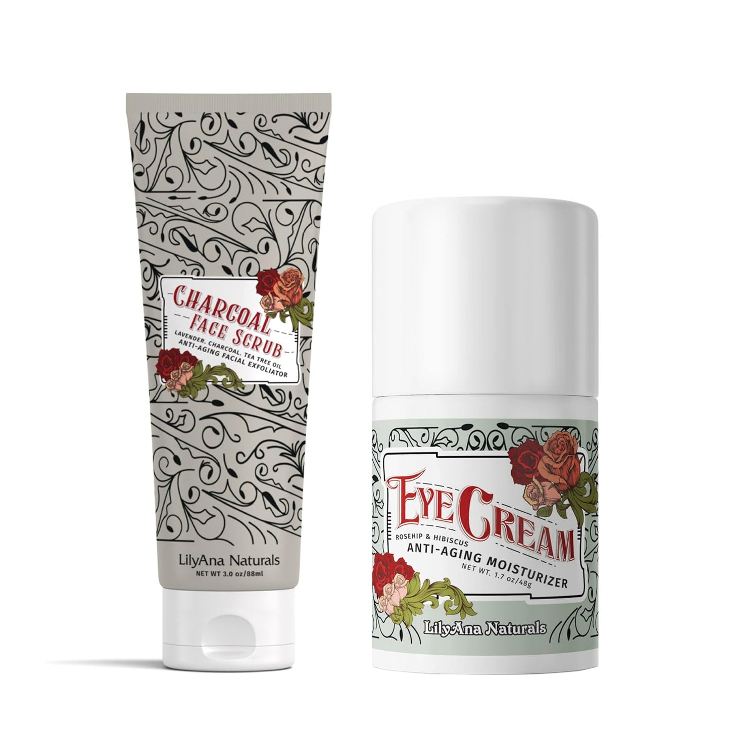 LilyAna Naturals Eye Cream 1.7 Oz and Charcoal Face Scrub 3 Oz Bundle - Anti-Aging Facial Exfoliator and Anti Aging Eye Cream for Dark Circles and Puffiness, Under Eye Cream, for Women and Men