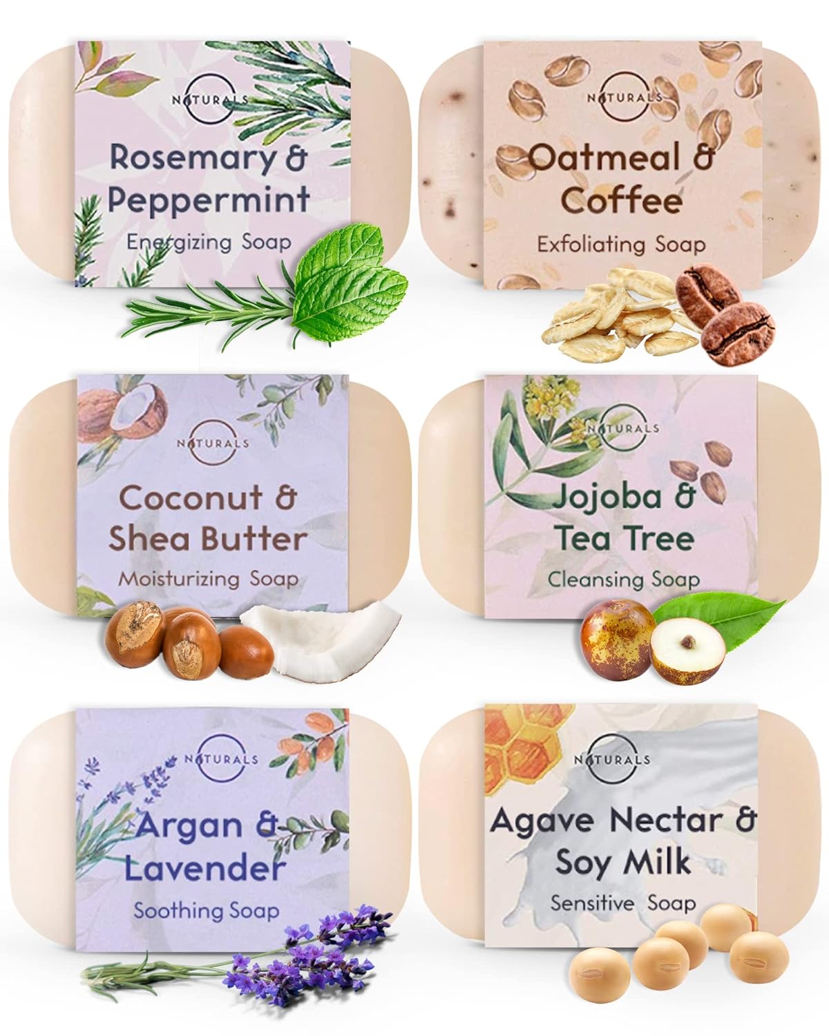 O Naturals 100% Natural Bar Soap - Assorted 6 PCS Soap Gift Set - Organic Ingredients & Essential Oils - Spa Gifts for Women & Men, Body Wash Soap Bar & Face Soap - Natural Soap - Mother's Day Gifts