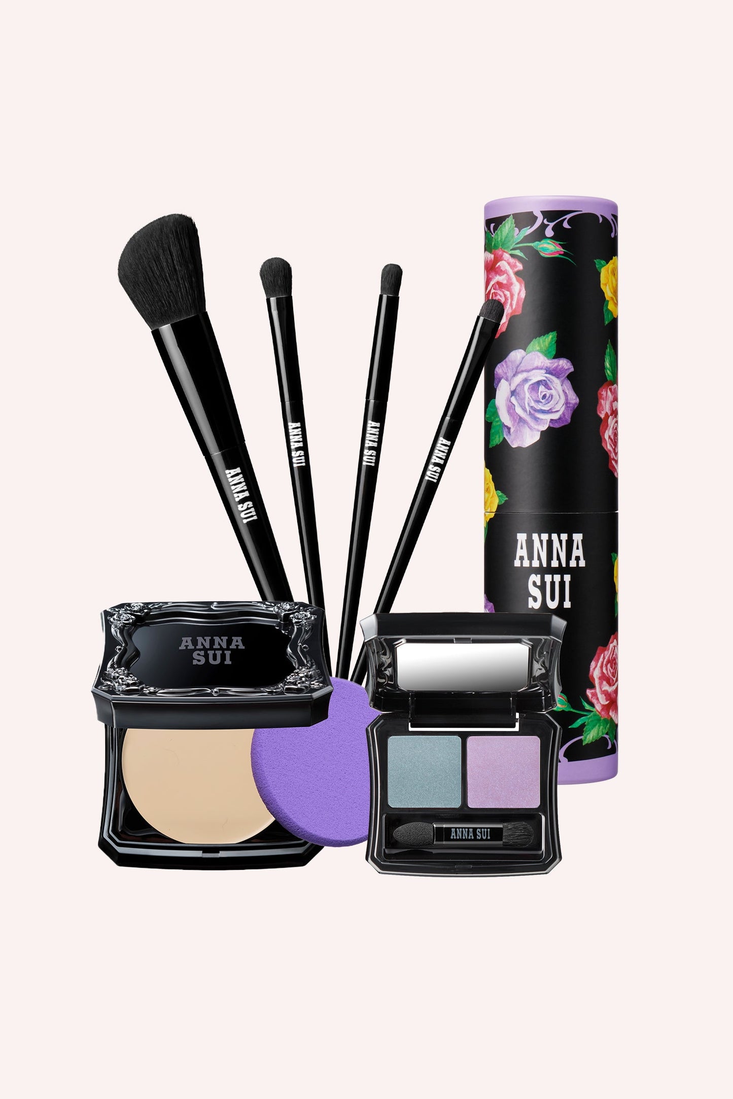 Our newest foundation compacts in shade FAIR + 12, floral paper tube with Flat, round, point brush for eyeshadow