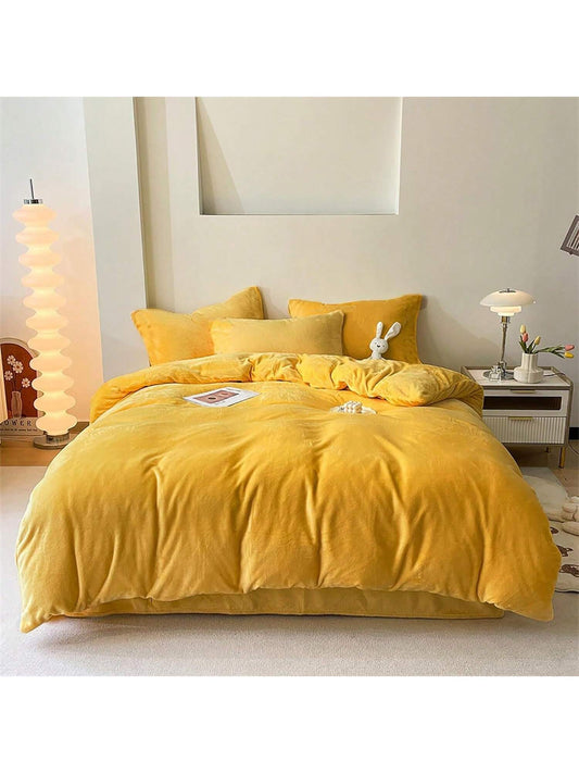 Homehours Mustsard Yellow Velvet Comforter Set King Bright Yellow Plush Fluffy Bedding Warm Winter Flannel Blanket Quilts Soft Dark Yellow for Women Men King Bed, HU-XI-100
