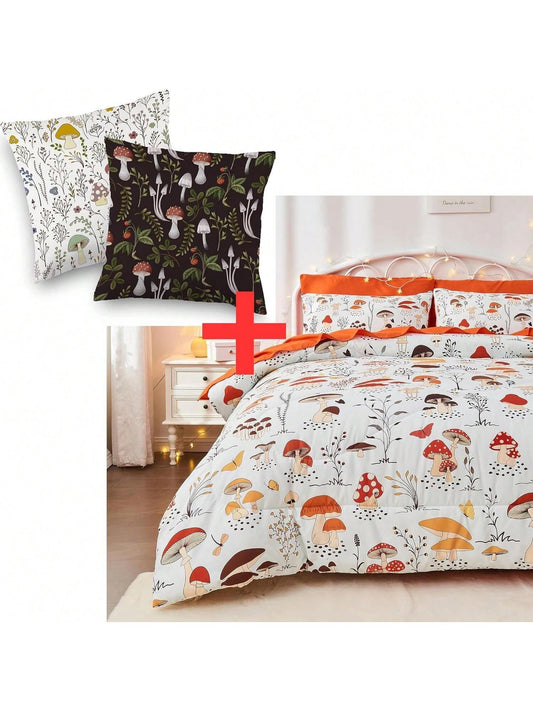 Homehours 7 Piece Bed in a Bag Mushroom Comforter Set Queen Size with Set of 2 Wild Mushroom Pillow Cushion Cases03