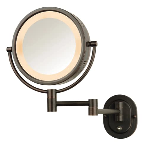 JERDON Wall-Mounted Makeup Mirror with Lighting - Round Mirror with Bronze Finish Wall Mount - Direct Wire - Model HL65BZD