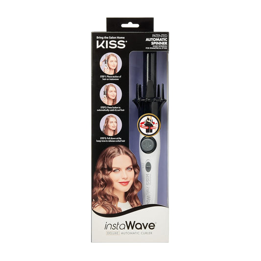 KISS Instawave Deluxe Automatic Rotating Curling Iron, Patented Automotic Spinner, 2-Way Rotation, 1Ó Ceramic Ionic Wand, Dual Heat Settings, 420¡ Max Temperature, Black & White