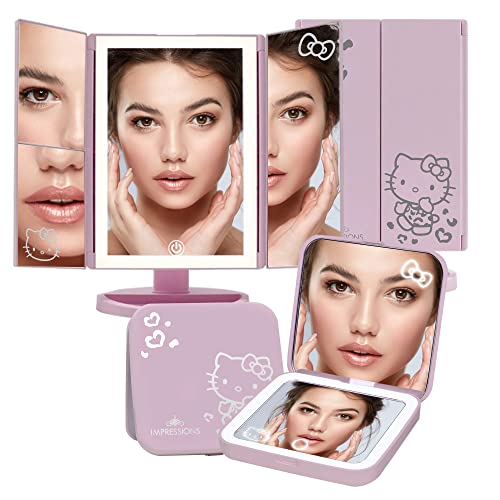 Impressions Vanity Hello Kitty Lighted Makeup Mirrors Bundle, Supercute Trifold and Compact Mirror with LED Lights, Magnification, Touch Screen, Travel Accessories Portable Hand Mirror (Pink)