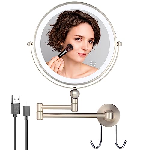 Height Adjustable Wall Mounted Lighted Makeup Mirror with Hook, 8 Inch 3 Colors Double Sided 1X/10X Magnifying Vanity Mirror with Lights, 360° Swivel 17Inch Extendable Arm Bathroom Mirror-Nickel