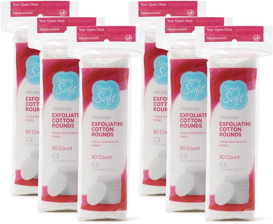 Medline Simply Soft Hypoallergenic Exfoliating Dual Textured Cotton Rounds Pads, 80 Count (Pack of 6)