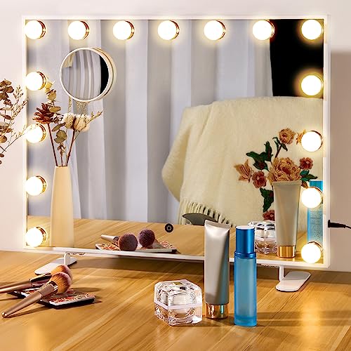 MIRRORMORE Vanity Mirror with Lights and 10X Magnification, Hollywood Lighted Makeup Mirror with 15 Dimmable LED Bulbs, 3 Color Modes, Touch Control, Tabletop & Wall-Mounted, Memory Function