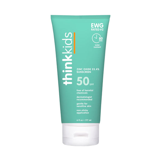 Thinksport Kids SPF 50+ Mineral Sunscreen Ð Safe, Natural Sunblock for Children - Water Resistant Sun Cream Ð Broad Spectrum UVA/UVB Sun Protection Ð Vegan, Reef Friendly Sun Lotion, 6oz