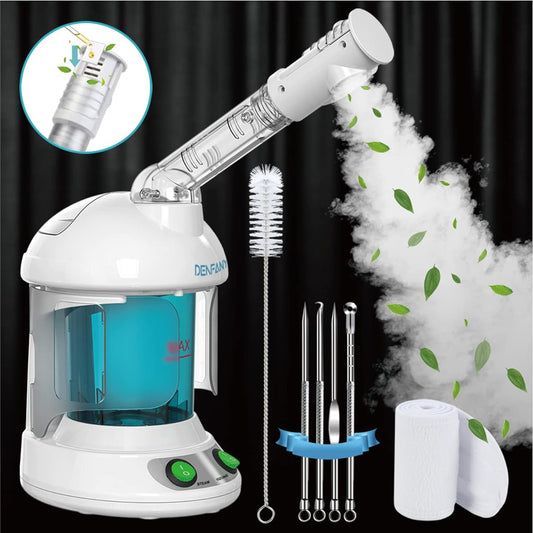Nano Ionic Facial Steamer with 360¡ Rotating Nozzle, Portable Facial Steamer for Personal Care Use at Home or Salon Bonus 1 Piece Spa Headband 4 Piece Stainless Steel Skin Kit