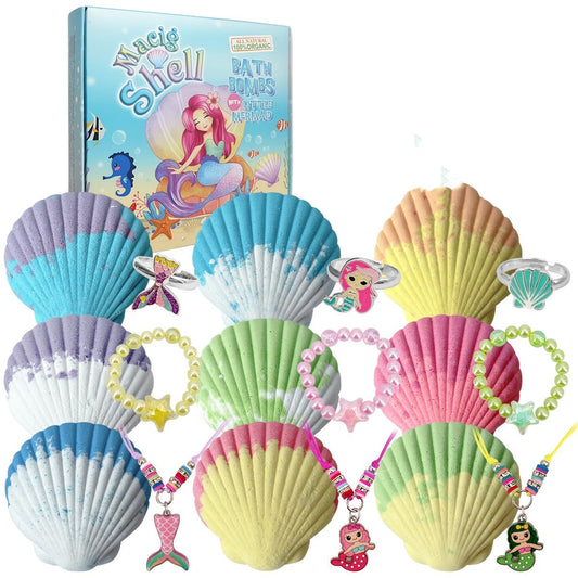 Magic Shell Bath Bomb Gift Set for Kids, 9 Pack Bath Bombs with Little Mermaid for Girls, Organic Bath Bombs with Surprise Inside.