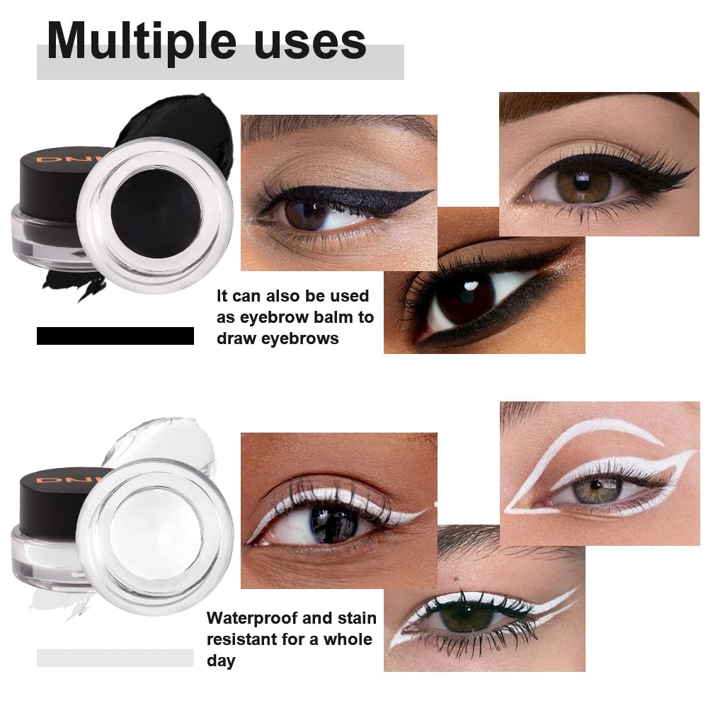 evpct 2 in 1 White &amp; Black Gel Eye Liner Waterproof Smudge Proof for Waterline White Liquid Eyeliner Pen Pencil Cream Eyebrow Pomade Set with Brushes Work Great with Eyeliner Face Body Paint Stick