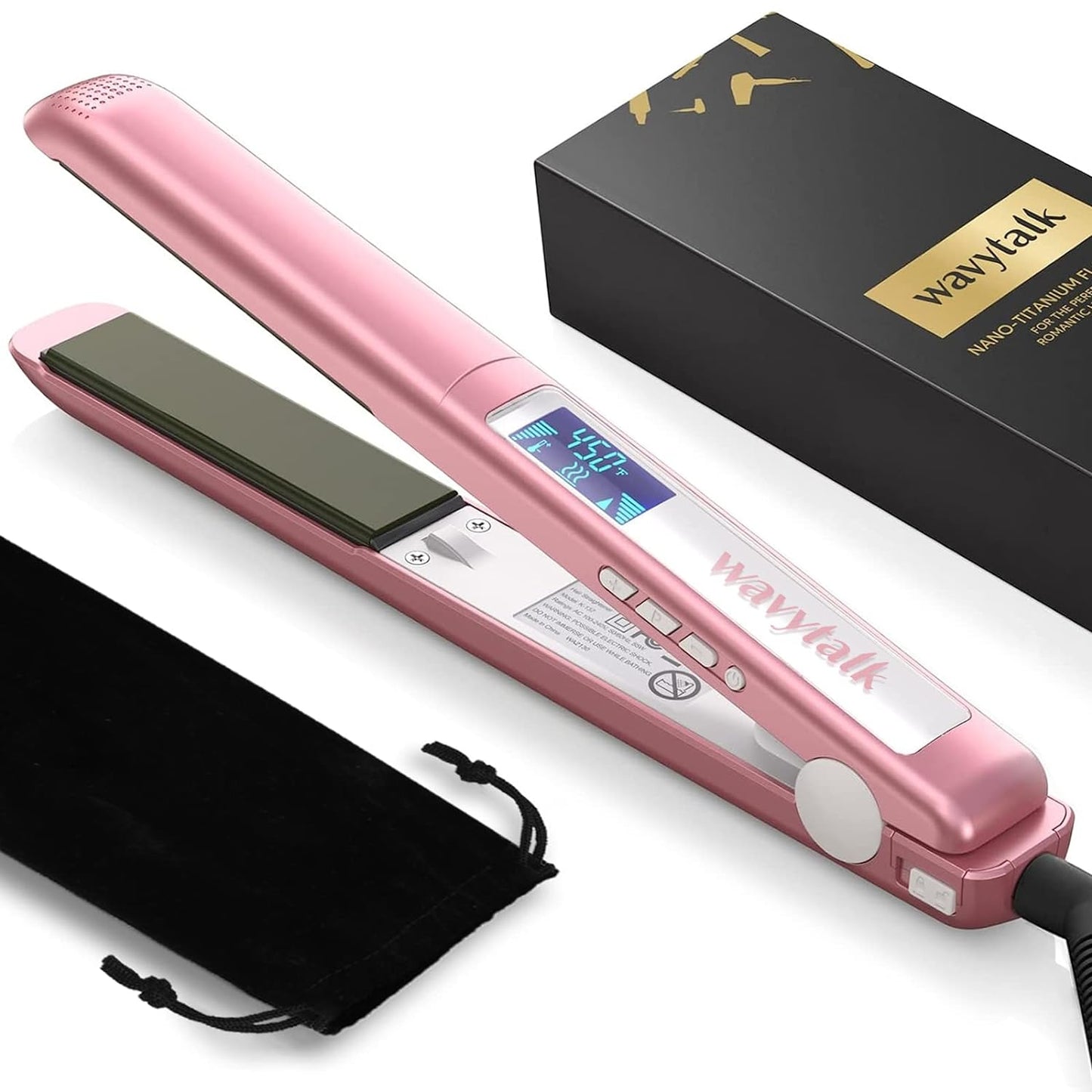Wavytalk Salon Titanium Plate Hair Straightener for Frizz-Free Styling, Dual Voltage with Auto Shut-Off (Rose Gold)
