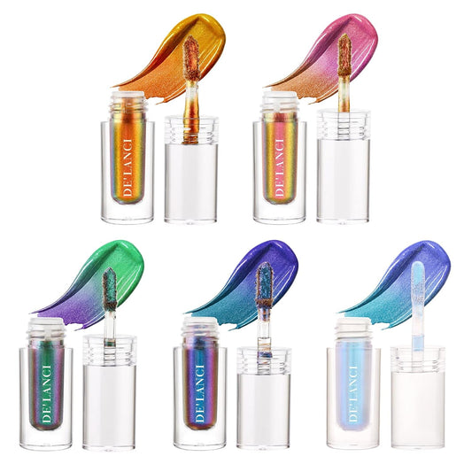 DE'LANCI Liquid Eyeshadow Set, Intense Multi-color Shifting, Long-lasting With No Crease Holographic Eyeshadow (#02 BRONZE + #03 CORAL + #04 ELF + #05 GALAXY + #06 UNICORN)