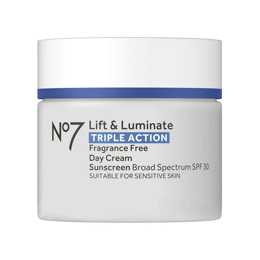 No7 Lift & Luminate Triple Action Fragrance Free Day Cream SPF 30 - Broad Spectrum Anti Aging Face Cream - Hydrating Hibiscus Peptides & Hyaluronic Acid + Brightening Emblica & Vitamin C (50ml)