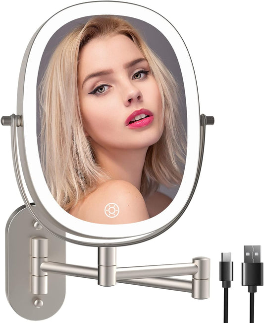 Lighted Wall Mounted Makeup Mirror, Double Sided 1X/7X Magnifying Mirror, 3 Color Lighting Option Dimmable, 360 Rotation Extension Foldable Arm, Oval Frame Rechargeable Vanity Mirror with Lights