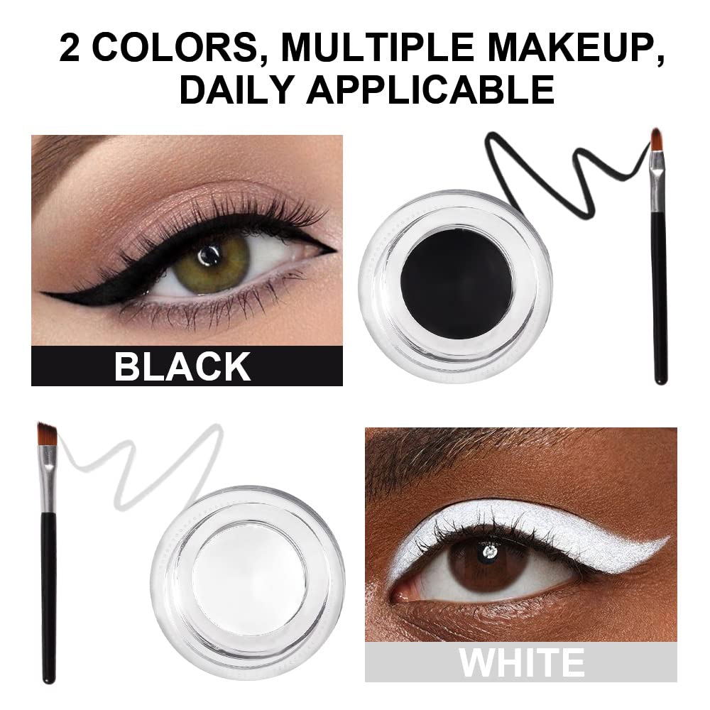 evpct 2 in 1 White &amp; Black Gel Eye Liner Waterproof Smudge Proof for Waterline White Liquid Eyeliner Pen Pencil Cream Eyebrow Pomade Set with Brushes Work Great with Eyeliner Face Body Paint Stick