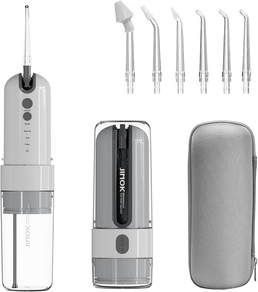 JIMOK Water Dental Flosser Cordless for Teeth Portable Oral Irrigator, 4modes with DIY, 6jet Tips, Removable Water Tank for Easy Cleaning, Portable Case for Home Travel(Gray)