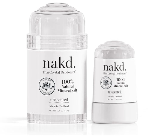 nakd. Thai Crystal Deodorant Stone Ð 2 Salt Deodorant Crystal Sticks, 4.25 oz. Regular + 2.5 oz. Travel Size Ð All Natural Unscented Aluminum Free for Women Men & Teens by Vasarii