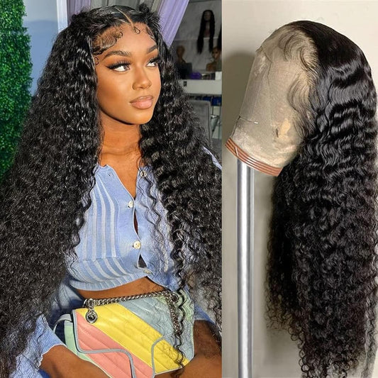 Karbalu 13x6 Deep Wave Lace Front Wigs Human Hair Pre Plucked 13x6 HD Lace Front Wigs Human Hair 180% Density Glueless Wigs Human Hair with Baby Hair Deep Curly Wigs Human Hair Natural Color 24 Inch