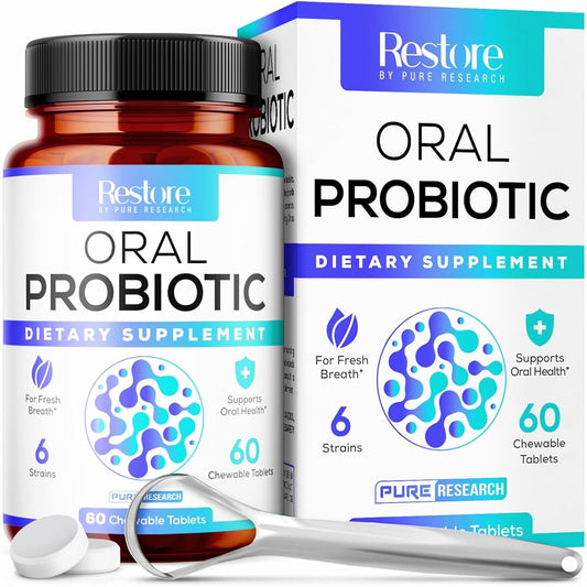 Oral Probiotics & Tongue Scraper for Bad Breath Support, Oral Health Maintenance, Fresh Breath Aid - 6 Probiotic Strains W/ BLIS M18 - Supportive Oral Probiotic - 60 Chewable Tablets - Mint Flavored