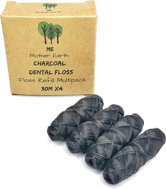 Vegan Biodegradable Bamboo Charcoal Dental Floss Refill Refill | Natural Candelilla Wax | 33yds x4 | Peppermint Essential Oil | Eco Friendly Zero Waste Oral Care | 4 Pack