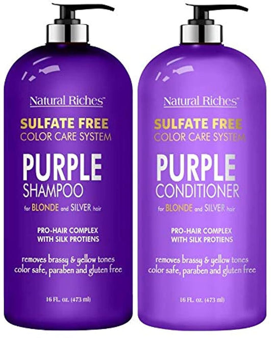 Natural Riches Purple Shampoo and Conditioner Set Sulfate Free Salon Grade for Silver Blonde Platinum Hair. Removes Yellow & Brass tones. Grey Highlighted Hair 16x2 fl oz