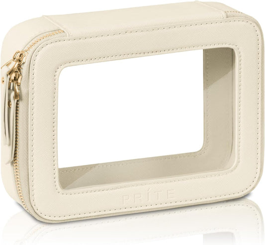 Prite Clear Makeup Bag Cosmetic Organizer Case Waterproof Travel Toiletry Bag Skincare Pouch with Golden Zipper(Beige)