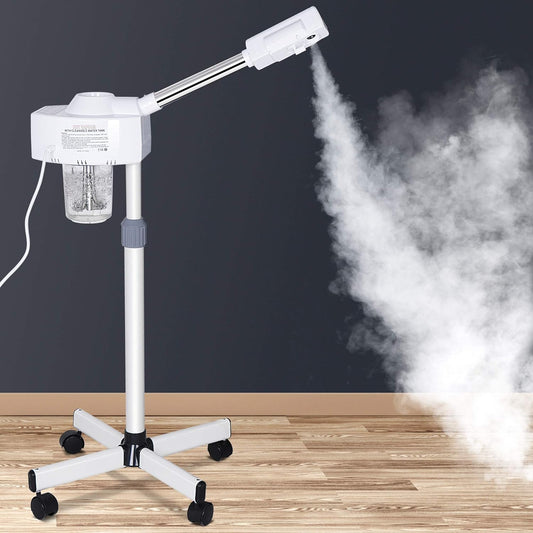 Professional 2 in 1 Facial Steamer for Face Professional Deep Cleansing with Hot Mist Function Stand on Wheel, High Frequency for Home Spa Salon Beauty Skin Care, White
