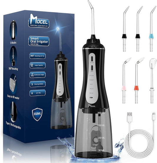 MOCEL Water Dental Flosser Oral Irrigator with 5 Modes, 350ml Cordless Water Teeth Cleaner Pick 6 Tips, IPX7 Waterproof Rechargeable Portable Powerful Battery for Travel & Home Braces & Bridges Care