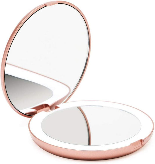 Fancii LED Lighted Travel Makeup Mirror, 1x/10x Magnification - Daylight LED, Compact, Portable, Large 5" Wide Illuminated Folding Mirror (Lumi) Rose Gold