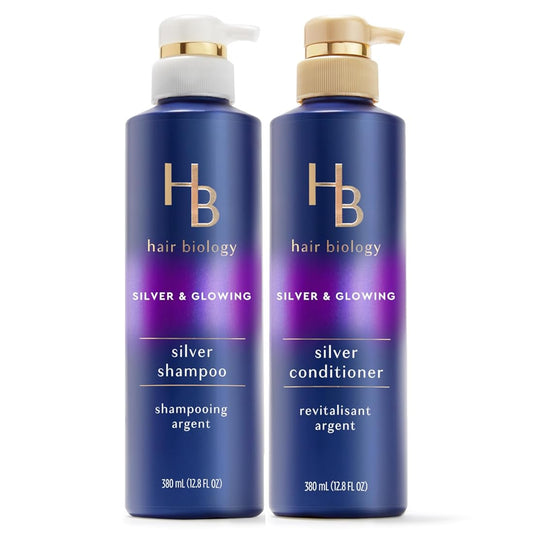 Hair Biology Purple Shampoo and Conditioner Set for Grey Hair with Biotin, Safe for Color-Treated Hair, Silver & Glowing Collection, 12.8 Fl Oz Each