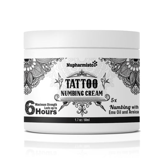 Nupharmisto Tattoo Numbing Cream(50ml/1.7floz), 6 Hours Maximum Strength Painless Tattoo Numbing Cream with 5x Numbing, Emu Oil and Arnica.50ml