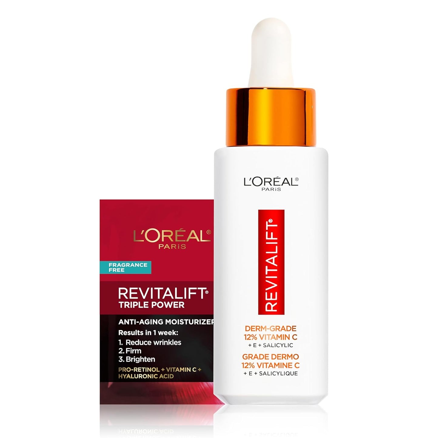 L'Oreal Paris Revitalift 12% Pure Vitamin C Serum, Vitamin E, Salicylic Acid, Brightening 1 oz + Moisturizer Sample